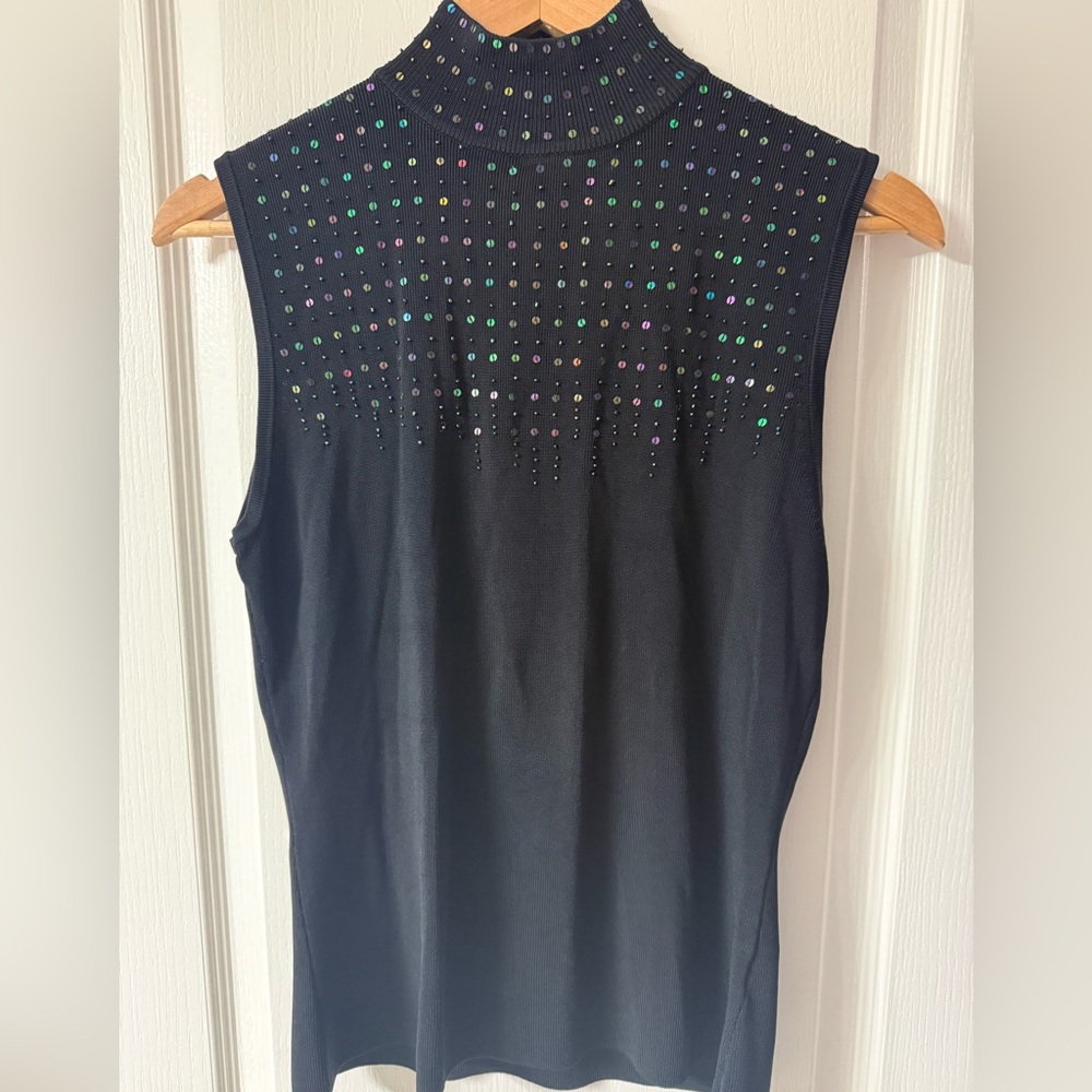 SKY Additions Black Sleeveless Mock Neck Top NWOT | Rhinestone Detail | Size M